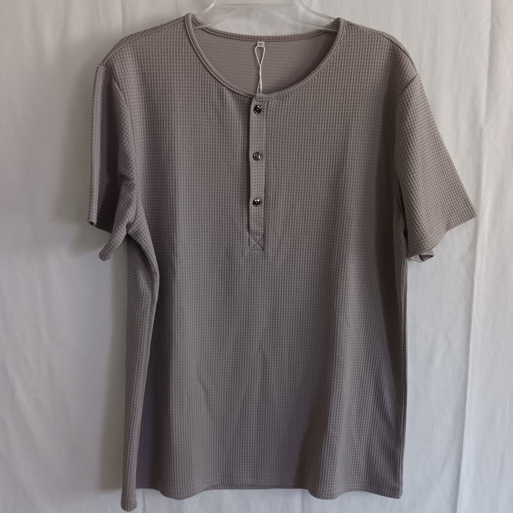 Manly Henley Shirt Mens Medium Grey New Waffle Knit Short Sleeve Casual